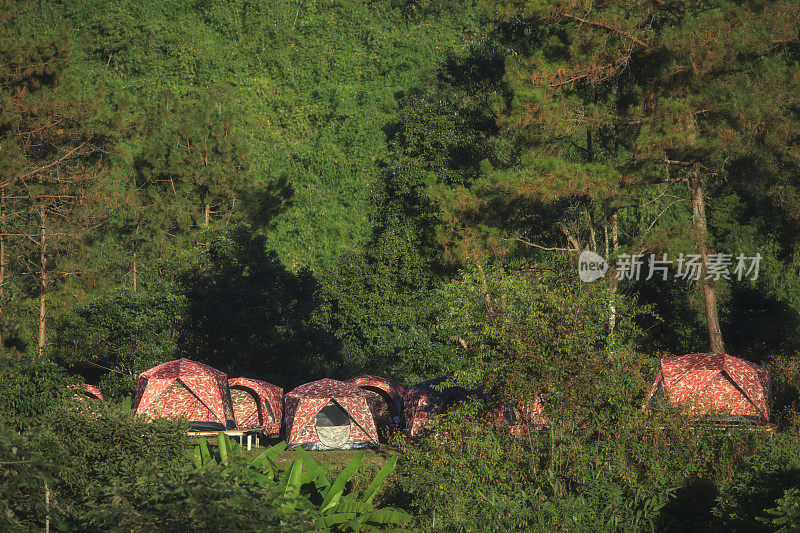 泰国清迈的Doi Luang Chiang道，日出时在以山为背景的小山上露营帐篷